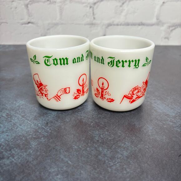 Vintage Hazel Atlas Tom and Jerry Egg Nog Mugs Milk Glass, Set of 2 - Picture 1 of 5